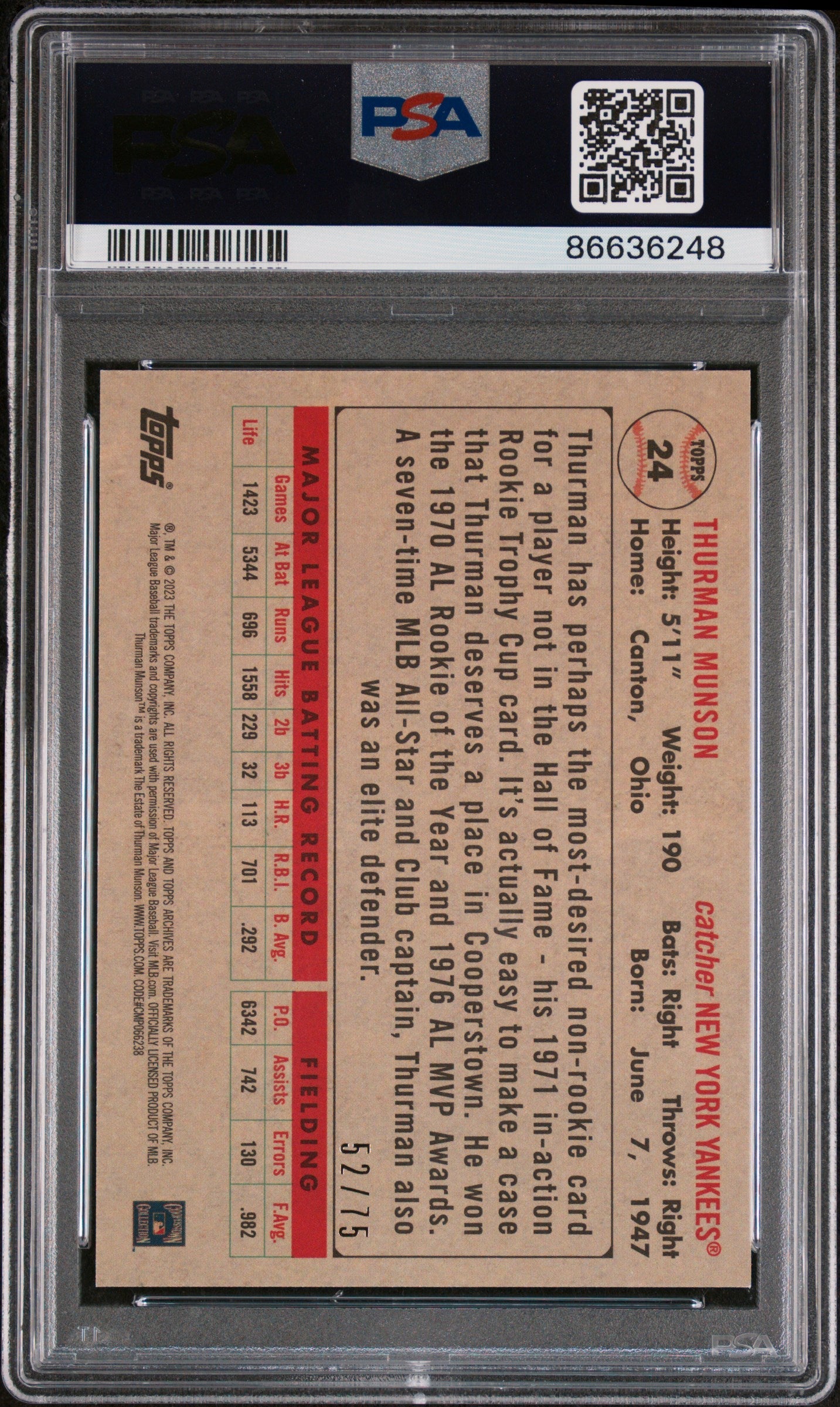 2023 TOPPS ARCHIVES THURMAN MUNSON AQUA SPARKLE FOIL #24 - PSA 10 2